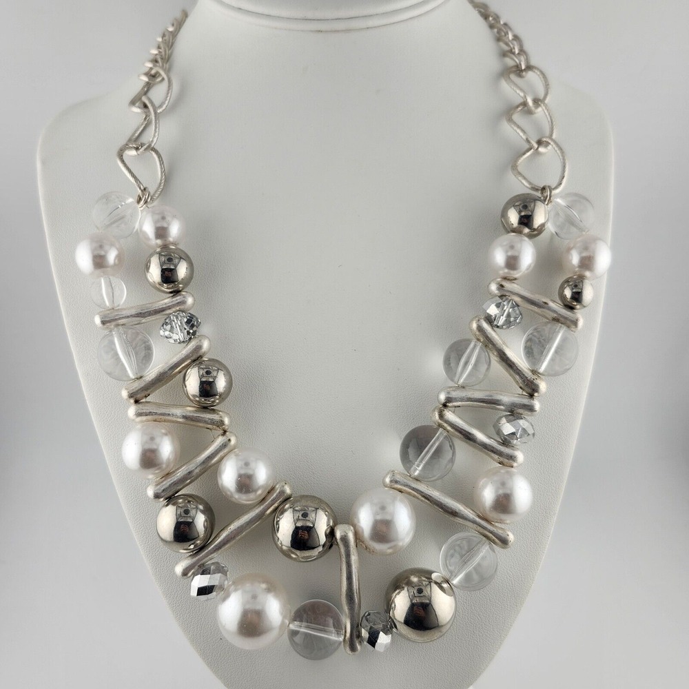 Silver Tone Faux Pearl Clear Bead Statement Necklace.‎